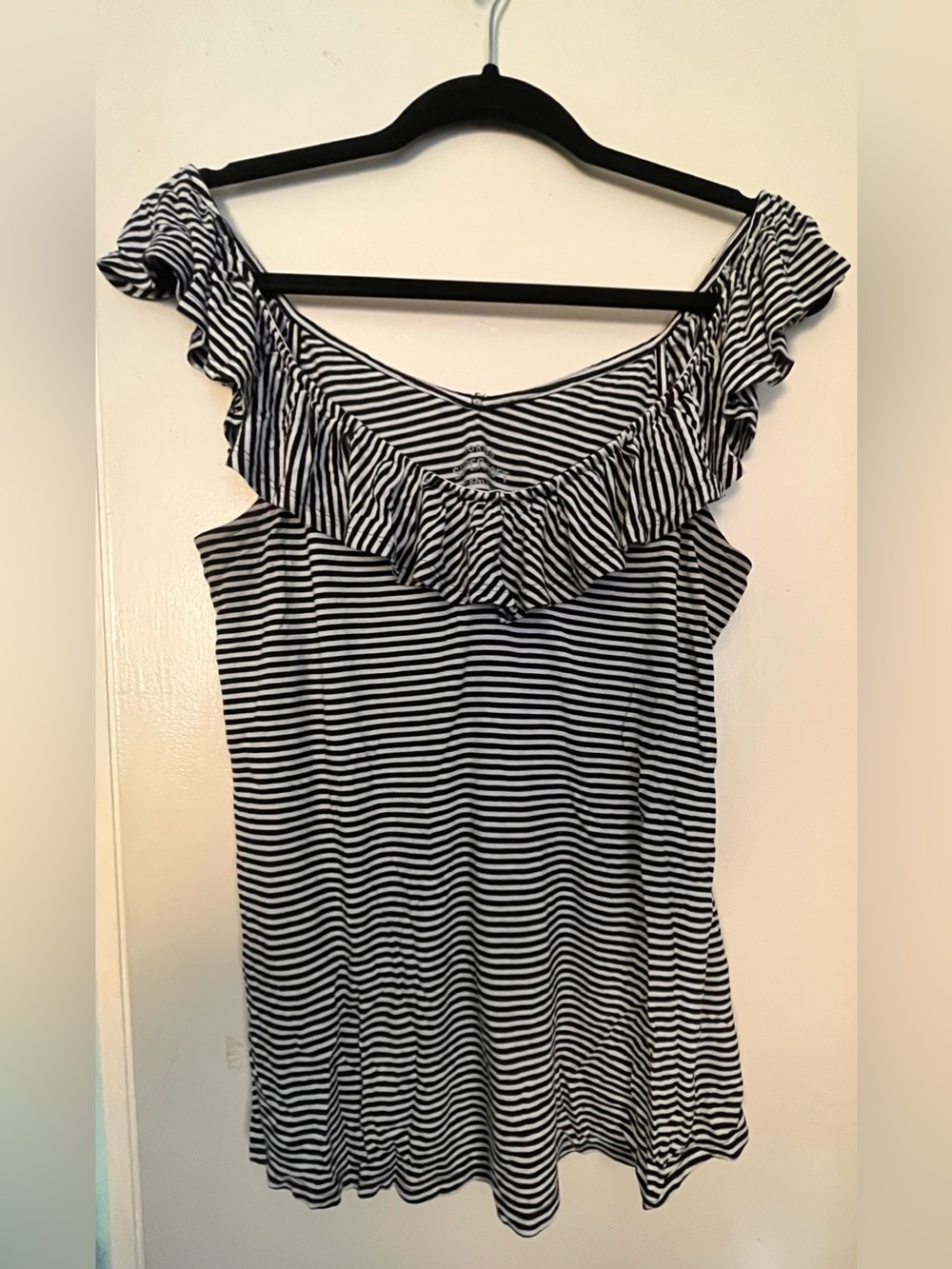 torrid Black & White Striped Ruffle Off-Shoulder Tank